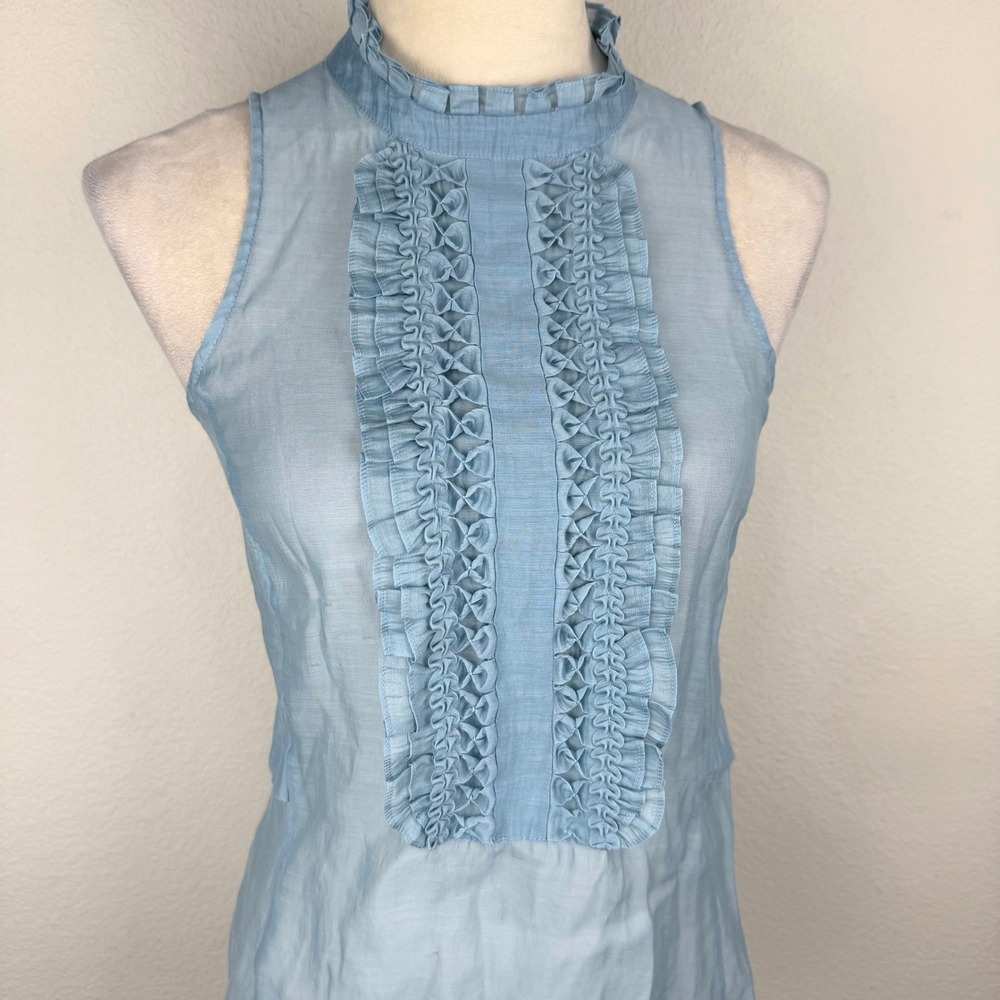 BCBGMAXAZRIA Light Blue Ruffle High Neck Sleeveless Sheer Tuxedo Top Size XS - Picture 3 of 10